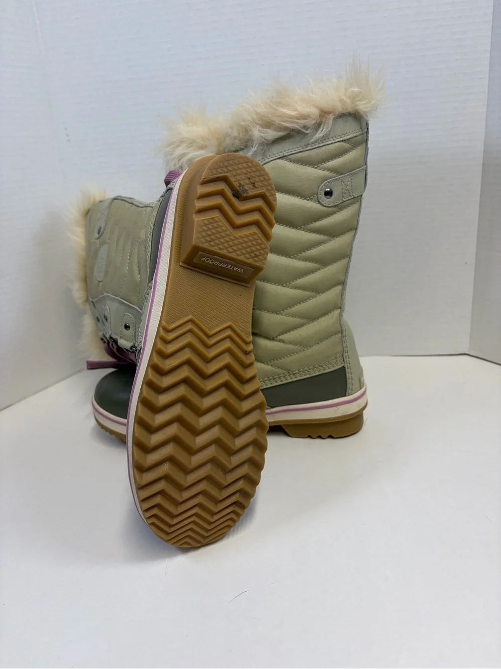 Sorel Olive and Pink Lace-Up Waterproof Winter Boots with Faux Fur Cuff